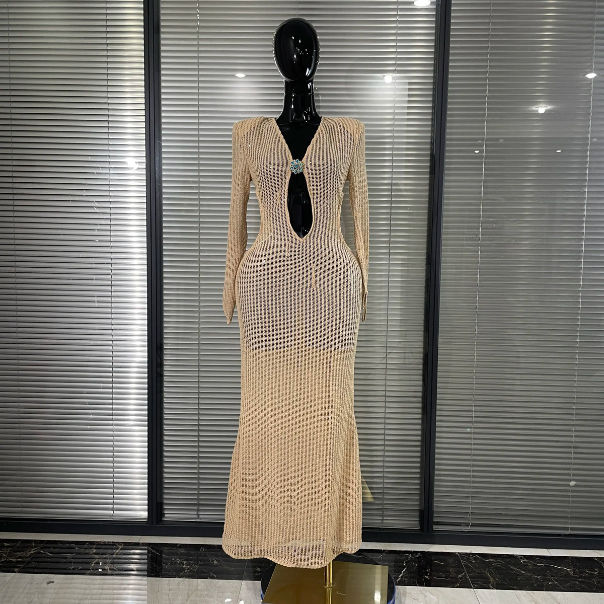 Summer Vacation Women Long Sleeve Sexy Deep V-Neck Hollow Out Bodycon Long Dress Beach Style Celebrate Birthday Party Outfit