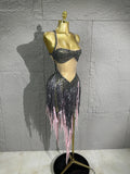 Singer Stage Nightclub Outfit Sexy Chic Gray Pink Glittering Beaded Fringed Halter Dress Performance Costume Dance Party
