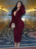 Knit Furry Patchwork Dress Women Deep V-Neck Sexy Elegant Christmas Party Winter Trend Stretch Skinny Maxi Bodycon