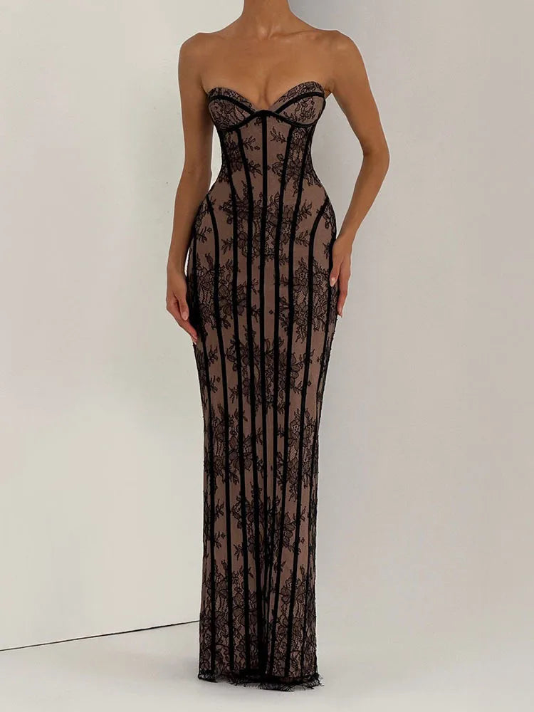 Chic Gauze Fishbone Strapless Dress Women Sleeveless Off Shoulder Waist Cinching Slim Long Dresses 2026 Lady Evening Party Gowns