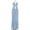 Sexy See Through Dress Women Sexy Halter Chain Backless Irregular Ruched Patchwork Vacation Birthday Party Clubwear