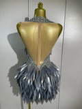 Women Eveing Birthday Prom Sparkly Diamond 3D Acrylic Leaf Mesh Transparent Mini Dress Luxury Party Nightclub Bar Stage Costume