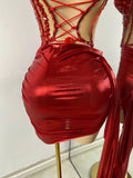 Sparkly Red Diamonds Asymmetrical Two Pieces Dress Design 2025 Women Sexy Strapless Top Skirt Suits Dance Performance Outfit