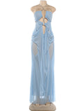 Sexy See Through Dress Women Sexy Halter Chain Backless Irregular Ruched Patchwork Vacation Birthday Party Clubwear