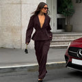 Solid Office Suit for Women Deep V Neck Long Sleeve Spliced Single Button Blazer Wide Trousers Two Piece Set Female