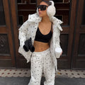 Women Floral Print Hooded Puffer Snow Suit Two Piece Outfit Thick Warm Winter Windproof Ski Jacket Wide Leg Pants Set Outdoor