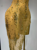 Sparkly Crystal Diamond Gold Sexy See-Through Sheath Dress Nightclub Performance Custome Stage Wear Birthday Evening Party Dress