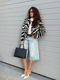 Women Round Neck Zebra Striped Zip‑Up Jacket Long Sleeve Zebra Print Cropped Faux Leather Loose Casual Streetwear Outerwear Coat