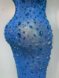 Luxury Rhinestones Sexy Mesh See Through Bodycon Dress Women Birthday Evening Cocktail party Gown Red Carpet Club Stage Outfit
