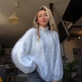 Fuzzy Sequin Zipper Women Cardigan Stand Collar Long Sleeve Loose Knitted Jacket Oversized Sequined Furry Knit Casual Winter Top