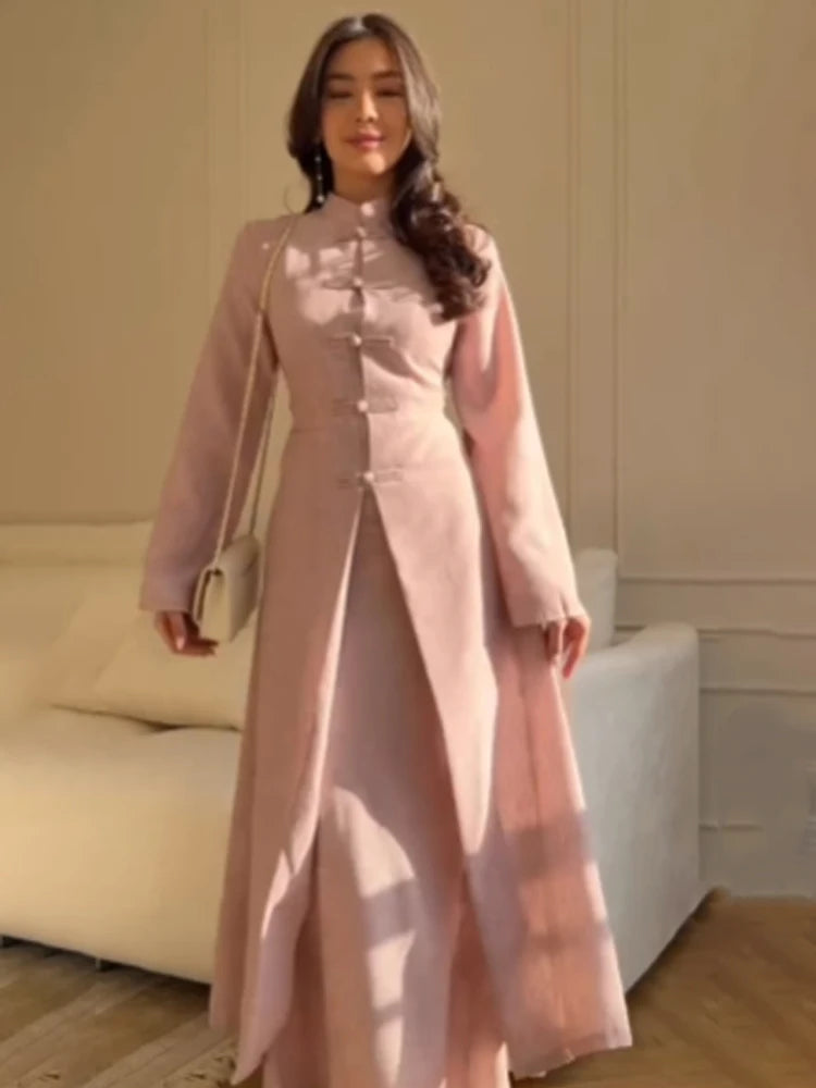Chic Oriental Slim Long Dress Set Women Casual Stand Collar Full Sleeve Knot Button Slit Hem Suit Spring Lady Street Wears New