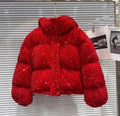 Womens Black Sequin Puffer Coat Zip Up Stand Collar Pockets Warm Jacket Fall Winter Party Club Streetwear Trendy Lady Cozy Wear