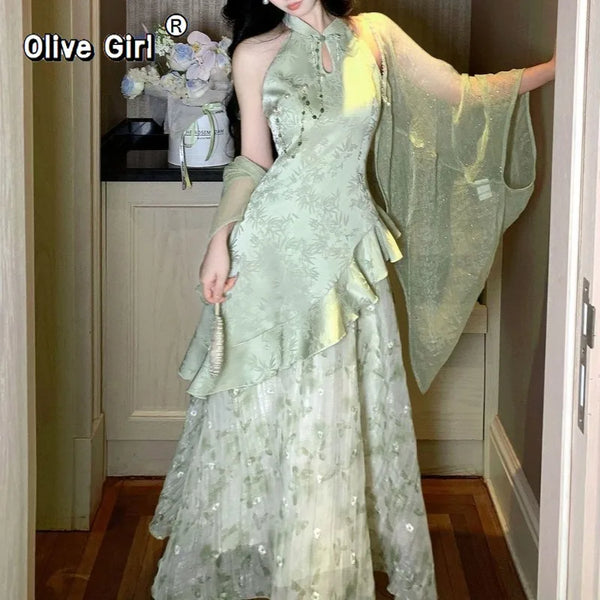 Olive Girl Flowing Sleeve Qipao for Garden Wedding 2026 Fairycore Photoshoot Everyday Wear S-XXL XS-3XL Plus Size Flowing Sleeve Romantic Garden Party Editorial Not Costume Qipao Cheongsam Chinese Dress Chinese Heritage Fashion Women