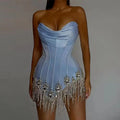 2 Color Super Flash Rhinestone Tassel Glam Tube Top Miniskirt Socialite Birthday Party Banquet Dress Performance Wear Cocktail
