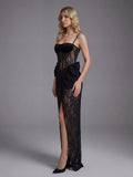 2026 Elegant Black Lace Spaghetti-Strap Maxi Dress Black Floral Lace Party Evening Gown Birthday Prom Vestidos