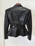 2026 Latest Design Slim Pu Leather Jacket Black Quality Blazer Belt Women Fashion Jackets Coat