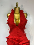 Women Sexy Backless Red Ruffled Flower Maxi Long Bodycon Bandage Dress Celebrity Elegant Evening Party Nightclub Birthday Dress