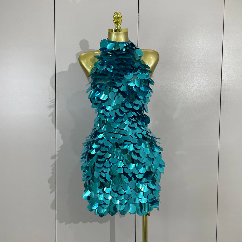 Women Celebrate Eveing Party Club Luxury Birthday Nightclub Stage Wear Sexy Shiny Round Sequins Halter Backless Mesh Mini Dress