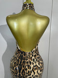 Women Sexy Eveing Party Club Birthday Stage Dress Elegant Halter Leopard Sleeveless Shiny Sequins Backless Bodycon Long Dress
