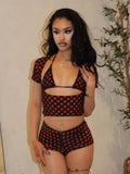 Sexy Dot Print 3 Piece Sets Women Chic Halter Bra Tops+Short Sleeves Crop Tops+Shorts Skinny Beach Vacation Clubwear