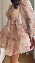 Elegant Printed Mini Dresses Women Chic Waist-cinching V-neck Puff Long Sleeve Aline Dress Fashion New Holiday Robes Summer 2026