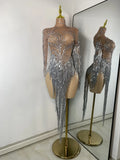 Women Sparkly Crystal Pearl Tassels Sexy Sheer See Through Bodycon Mini Silver Outfit Birthday Dress Dancer Performance Costume