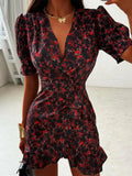 Elegant Flora Painted Ruffle Mini Dress Women Sexy Full Sleeve Deep V-neck Slim Short Robe 2026 Summer New Lady Party Club Wears