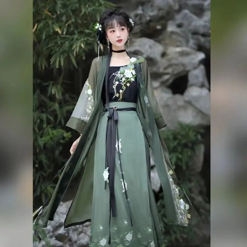 Olivegirl Song Dynasty Hanfu Summer Women's Clothing 2026 Embroidered Flower Coat Changgan Temple Strap Vest Spinning Skirt