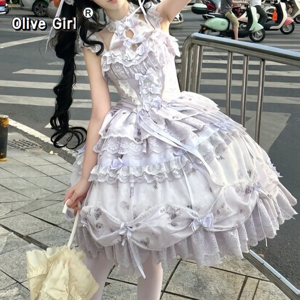 Olivegirl Lolita Dress Sexy Elegant Girl Women's Sweet Purple Lace Bowknot Jsk Dress Halterneck Princess Lolita Puffy Dresses