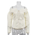 White Off-Shoulder Cardigan Women's Fashion Lace-Up Backless Sexy Shirt Top Elegant Luxury Party Chic Slim Female Top