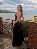 Elegant Satin Lace Long Dresses Women's Slip Backless Bandage High Slit Prom Maxi Dress Evening Party Night Out White Black