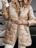 Women Hooded Quilted Mid-Length Puffer Coat Zipper Shiny Surface Warm Cotton Padded Jacket 2026 Fashion Casual Winter Outerwear