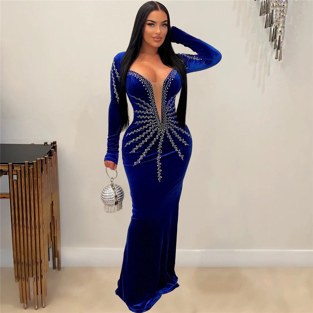 2026 High Quality New Design Dress Solid Rhinestones O-neck Long Sleeve Sexy Celebrity Party Maxi Dress Velvet Vestidos