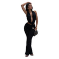 Women's Ruched Pant Set Brown Halter Crop Top And Flared Trouser Two-Piece Set Elegant V-neck Design Cut-Out Club Outfits