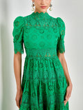 Wedding Guest Green Lace High Neck Midi Dress for Half Sleeve Women Cutout Texture Tiered Hem Flowy Skirt for Afternoon Tea