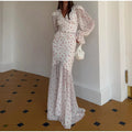 White Pink Floral Choker Neck Dress Women Elegant V-neck 3/4 Sleeves Peplum Ruffle Hem Long Dresses 2026 Lady Daily Vestidos New
