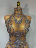 Women Sexy See Through Crystal Bodysuits Luxury Birthday Dancer Stage Performance Wear Mesh Sparkly Rhinestone Nightclub Outfit