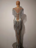 Women Sexy Mesh Sparkly Rhinestone Tassels Stretch Long Dress Evening Nightclub Singer Dance Stage Costume Luxury Birthday Gowns