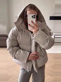 Women Hooded Stand Collar Cropped Puffer Jacket Zip Snap Button Loose Slim Short Quilted 2026 Casual Winter Warm Outerwear Coat