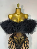Women Sexy Strapless Backless Black Diamond Mini Dress Evening Party Birthday Costume Nightclub Singer Stage Performance Costume
