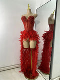 Women Sexy Straplss Crystals Diamonds Feather Luxury Party Dress Designer Mesh Transparent Performance Stage Outfit