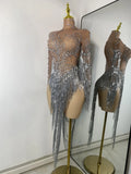 Women Sparkly Crystal Pearl Tassels Sexy Sheer See Through Bodycon Mini Silver Outfit Birthday Dress Dancer Performance Costume