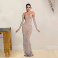 Beautiful Rhinestone Sheer Mesh Maxi Dress With Gloves Glam See-Through Diamonds Long One-Piece Dress Birthday Outfits