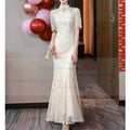 Wedding Dresses Mermaid Long Sleeves Mesh Lace Floral Chesongam Women Elegant Vestidos Stand Collar Chinese Style Dresses