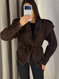 Women Brown Faux Fur Trim Suede Jacket Tie Belt Lapel Collar Long Sleeve Casual Chic Fall Winter Lady Commute Warm Outerwear New