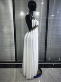 Black White Women Sexy Halter Off the Shoulder Backless Mesh Draped Gold Sequined Circle Long Maxi Dress Celebrate Vacation Wear