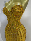 Elegance Golden Strapless Mesh See Through Long Dress Sparkly  Diamonds Evening Party Birthday Sexy Nightclub Singer Stage Wear