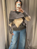 Women's Brown Beige Plaid Knitted Sweater Fashion Off Shoulder Patchwork Loose Blouse Lady Autumn Winter Casual Outerwear