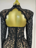 Sexy Black Lace High Neck Hollow Out Design Bodycon Mini Dress Women Long Sleeve Evening Party Club Bar Cocktail Celebrity Gowns