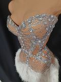 Diamonds Mesh Sexy See Through Cocktail Mini Dress Women Eveing Luxury Birthday Party Singer Nightclub Show Stage Costume
